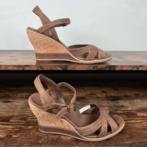 Timberland Earthkeepers Sandals Cork Wedge‎ Heel Tan Leather Straps women's 9